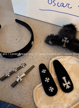 欧美ins风复古十字架黑色植绒BB发夹 甜酷百搭刘海夹时尚头饰发饰