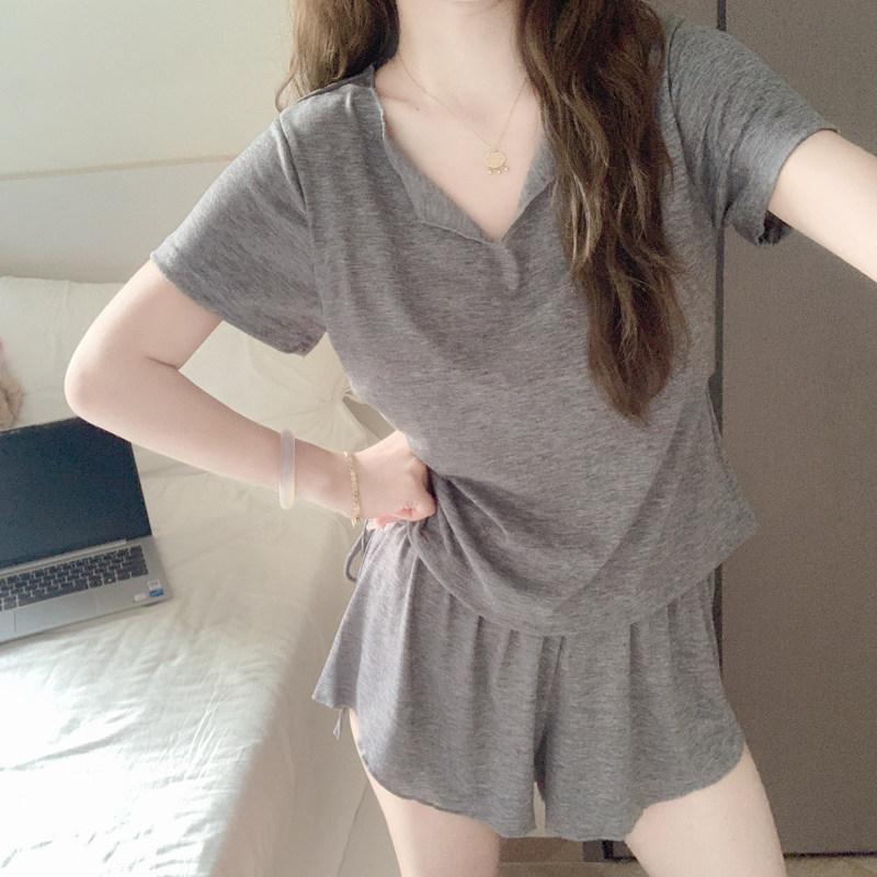 带胸垫睡衣女夏季2025新款韩系简约纯色短袖套头莫代尔家居服套装