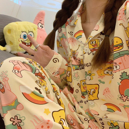 2025年新款派大星春秋季长袖睡衣女棉质可外穿海绵宝宝家居服套装