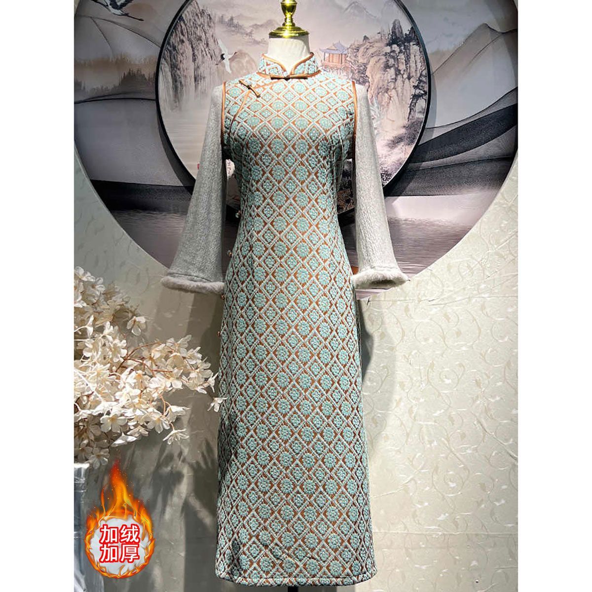 绿色格子旗袍2025年新款素雅复古