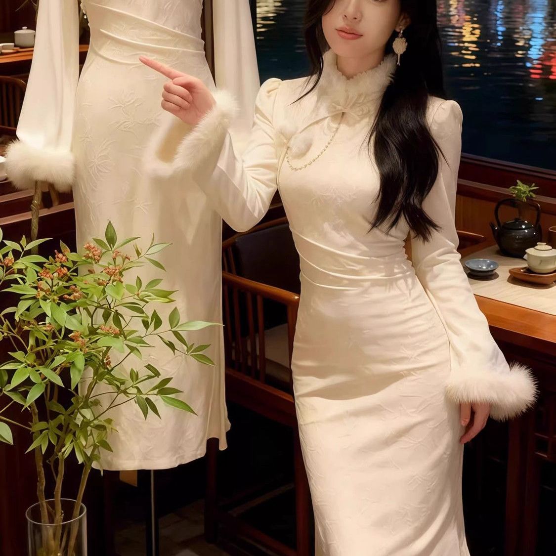 新中式国风毛领提花旗袍连衣裙