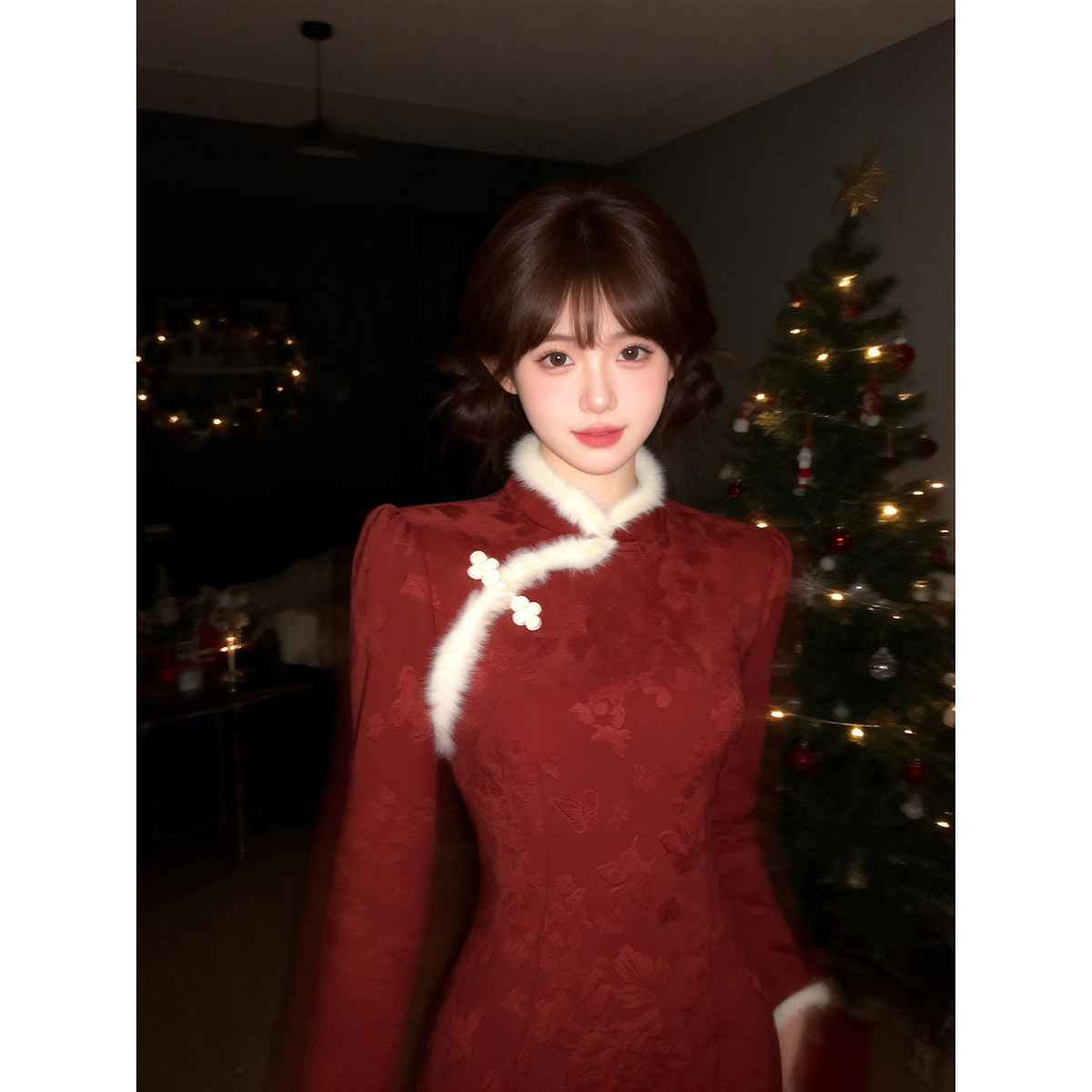 红色新中式改良旗袍女秋冬2025年新款高级感加厚元旦圣诞连衣裙子,女装/女士精品,旗袍,淘宝优惠券,粉丝福利购,淘宝优惠卷