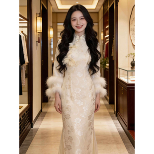 新中式国风改良鱼尾蕾丝拼接米白旗袍女秋冬款加绒加厚收腰连衣裙