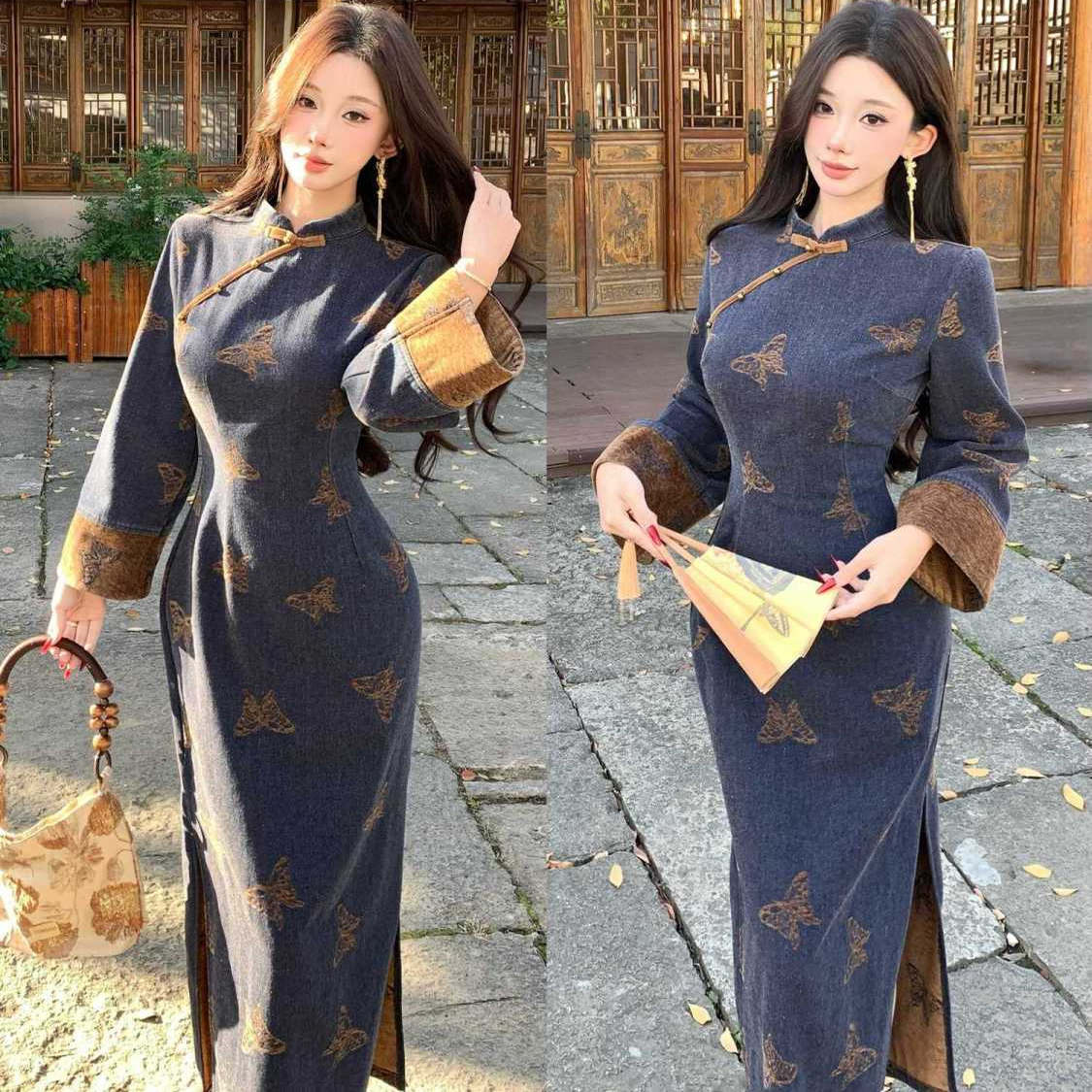 新中式国风复古蓝色提花改良旗袍