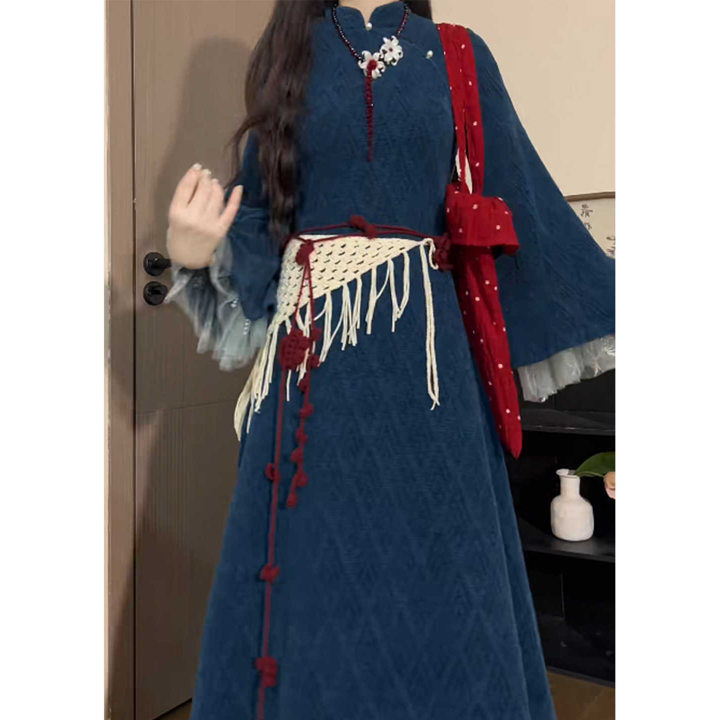 新中式国风复古蓝色网纱改良旗袍