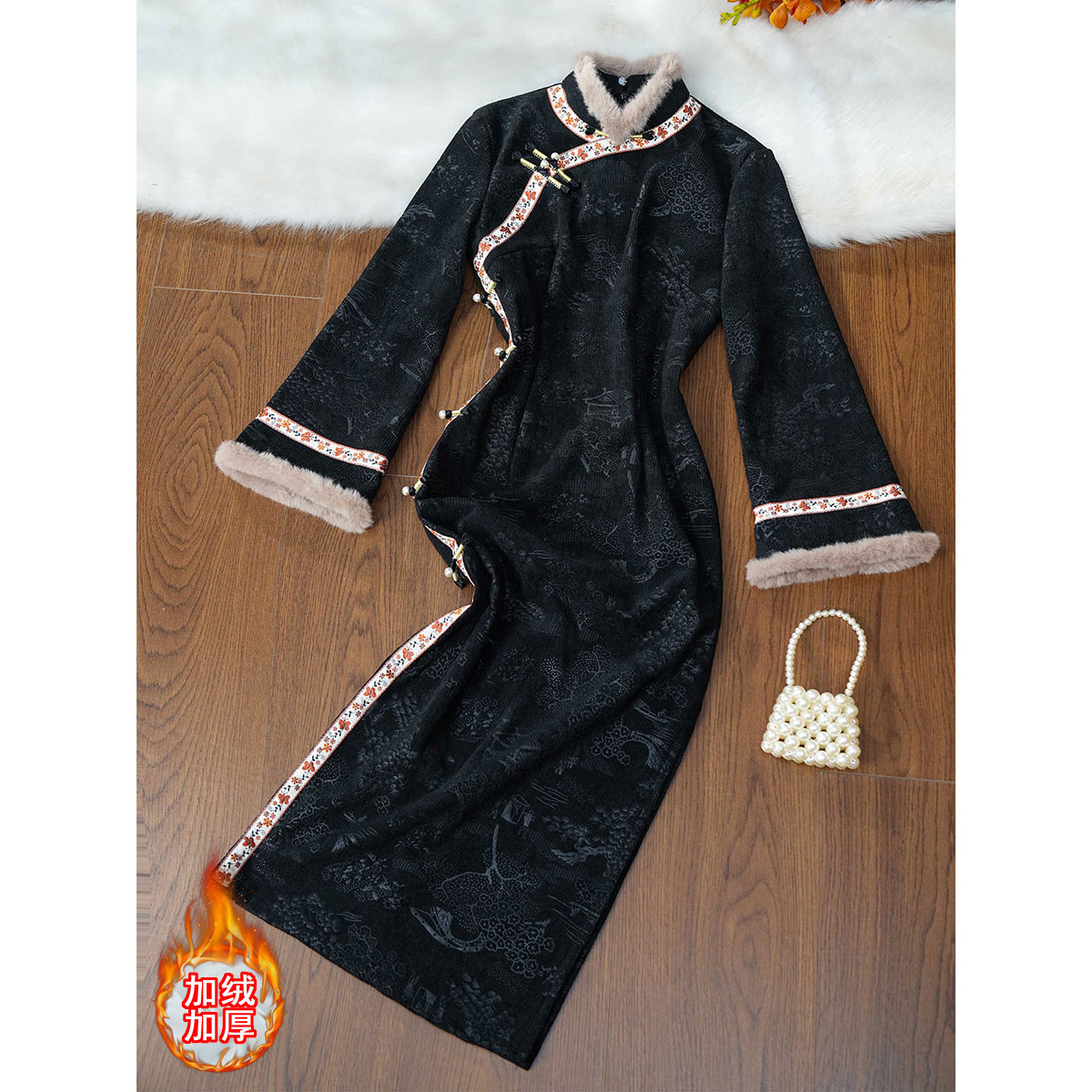 黑色旗袍新中式倒大袖秋冬加厚