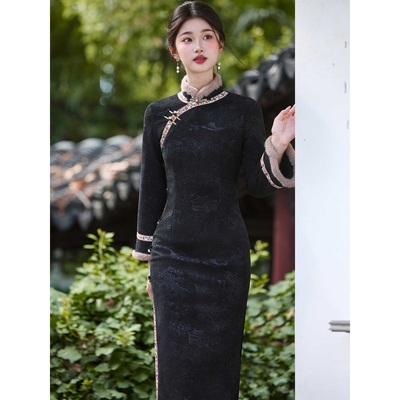 黑色超好看秋冬款旗袍新中式2025
