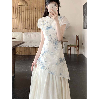 新中式国风印花短袖连衣裙女2025