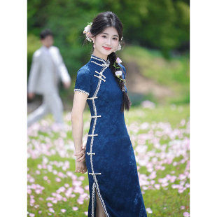 少女日常民国风女装 改良年轻款 复古蓝色连衣裙 旗袍2025新款 新中式