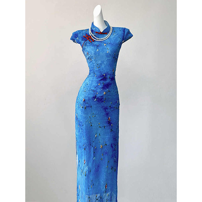 蓝色送考旗袍新中式2025新款旗袍