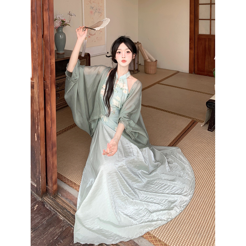 大码复古装24春夏新款胖MM挂脖雪纺长款连衣裙显瘦防晒衣两件套女