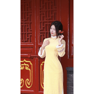 2025高级感超好看黄旗袍女小个子秋冬新中式 秋冬温柔 国风黄倒大袖