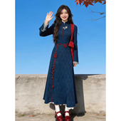 新中式 漂亮复古蓝色改良旗袍温柔风气质收腰网纱拼接长裙子2025冬