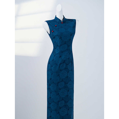 蓝色旗袍女新中式复古民国