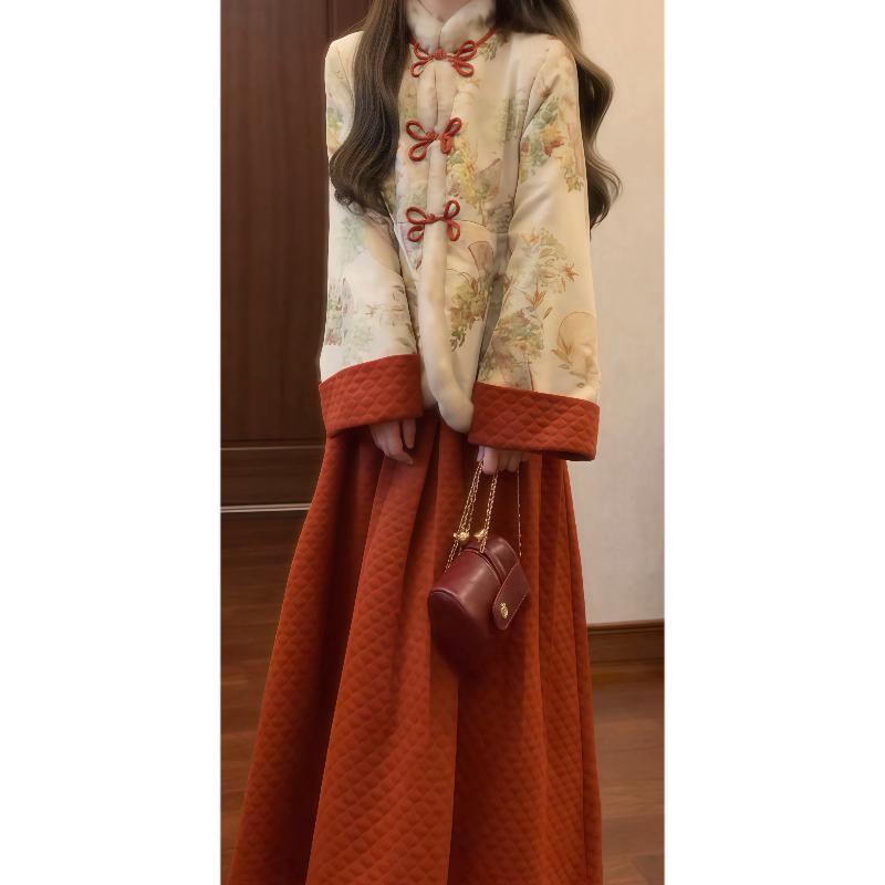 加厚棉服外套半身裙套装女2024