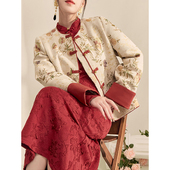 盘扣外套提花旗袍两件套 女装 2025新款 秋冬红色复古国风新中式 套装