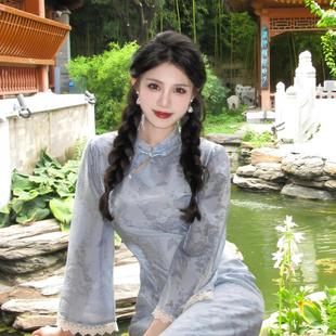 2025秋季新中式国风一尧岫玉书卷气假两件旗袍女气质清冷连衣裙女