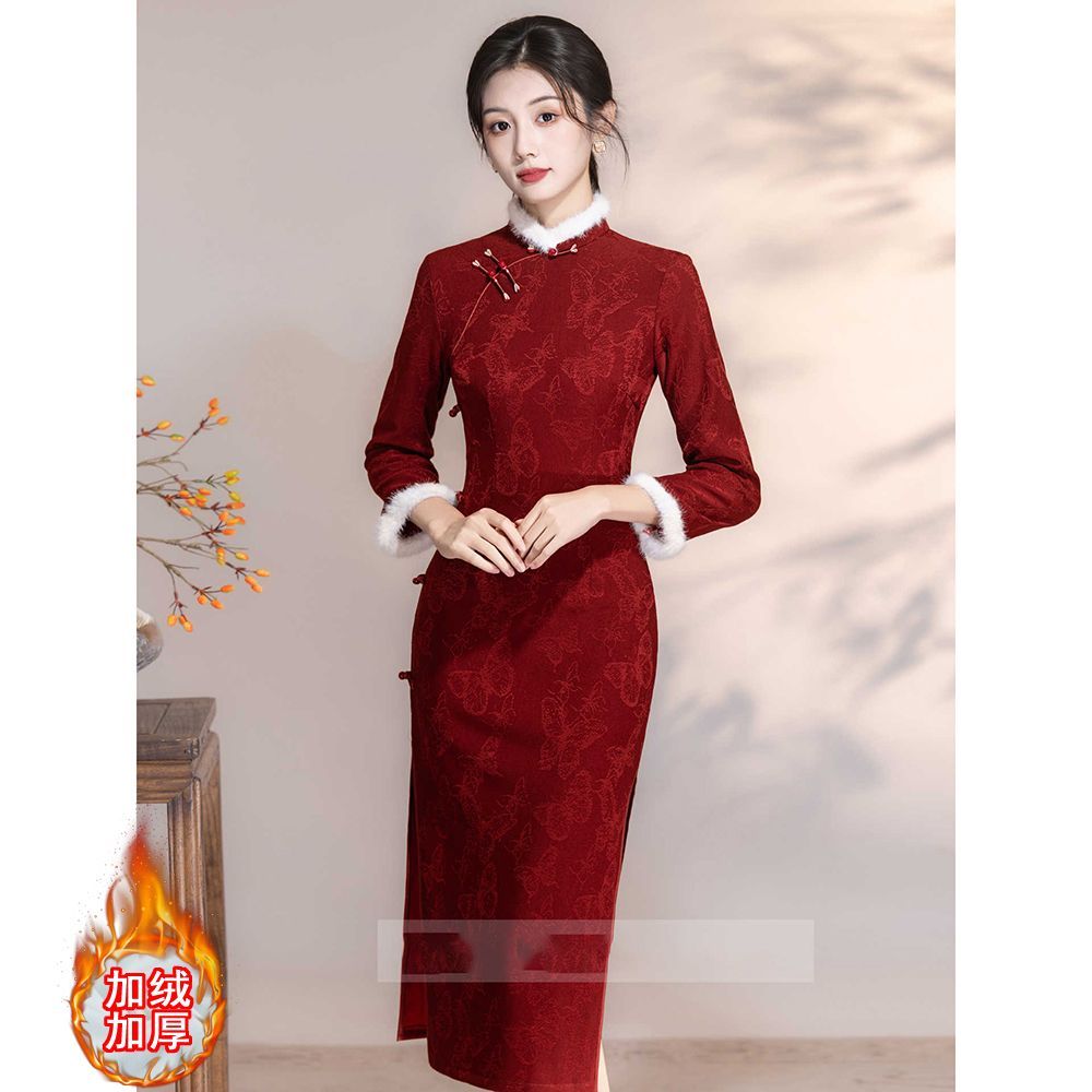 红色旗袍秋冬季长袖加绒加厚敬酒