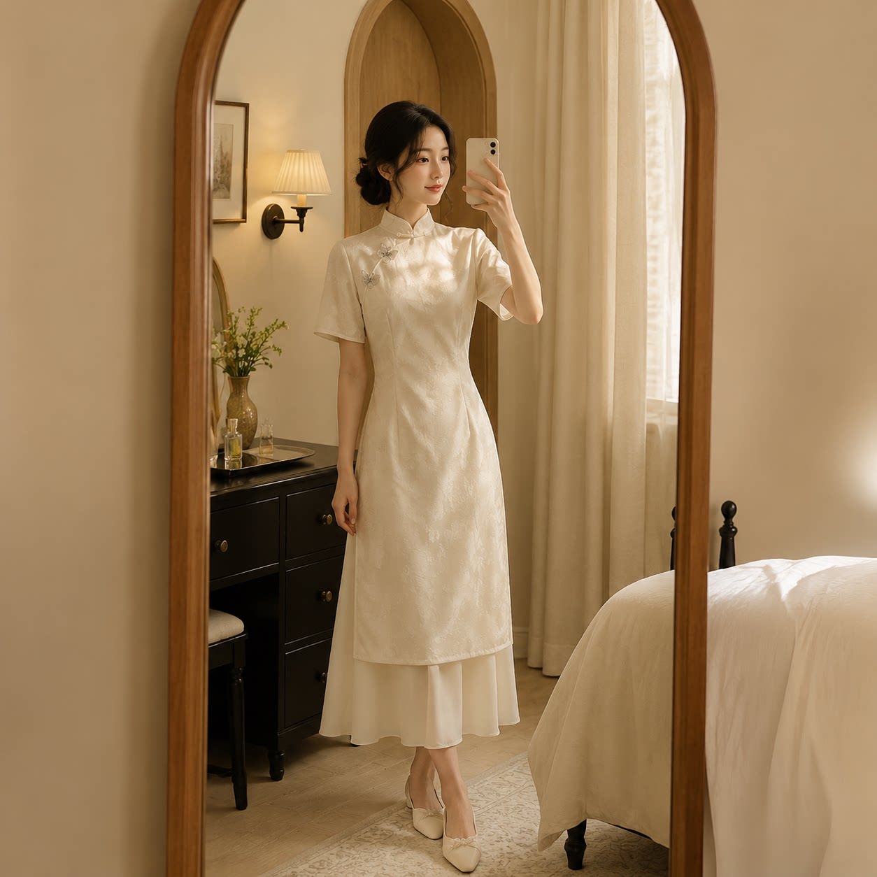 夏季2026年新款杏色改良旗袍女年轻款气质高端茶服夏款古法茶艺师图片