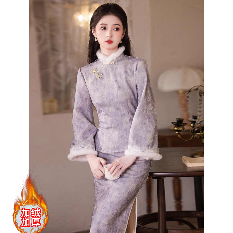 紫色加绒加厚冬装国风新中式旗袍