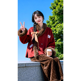 冬季 国风刺绣毛呢外套女旗袍2026年新款 加厚保暖订婚 绮想喵喵