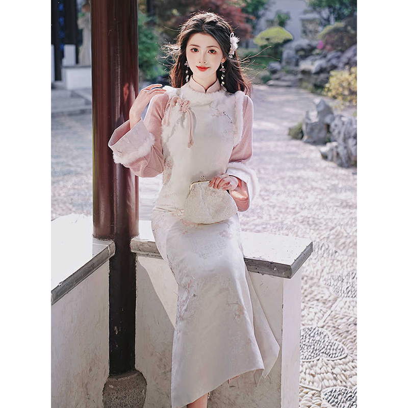 新中式套装裙秋冬加绒旗袍