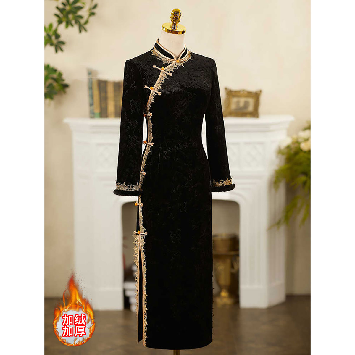 新中式改良旗袍女长袖黑色修身