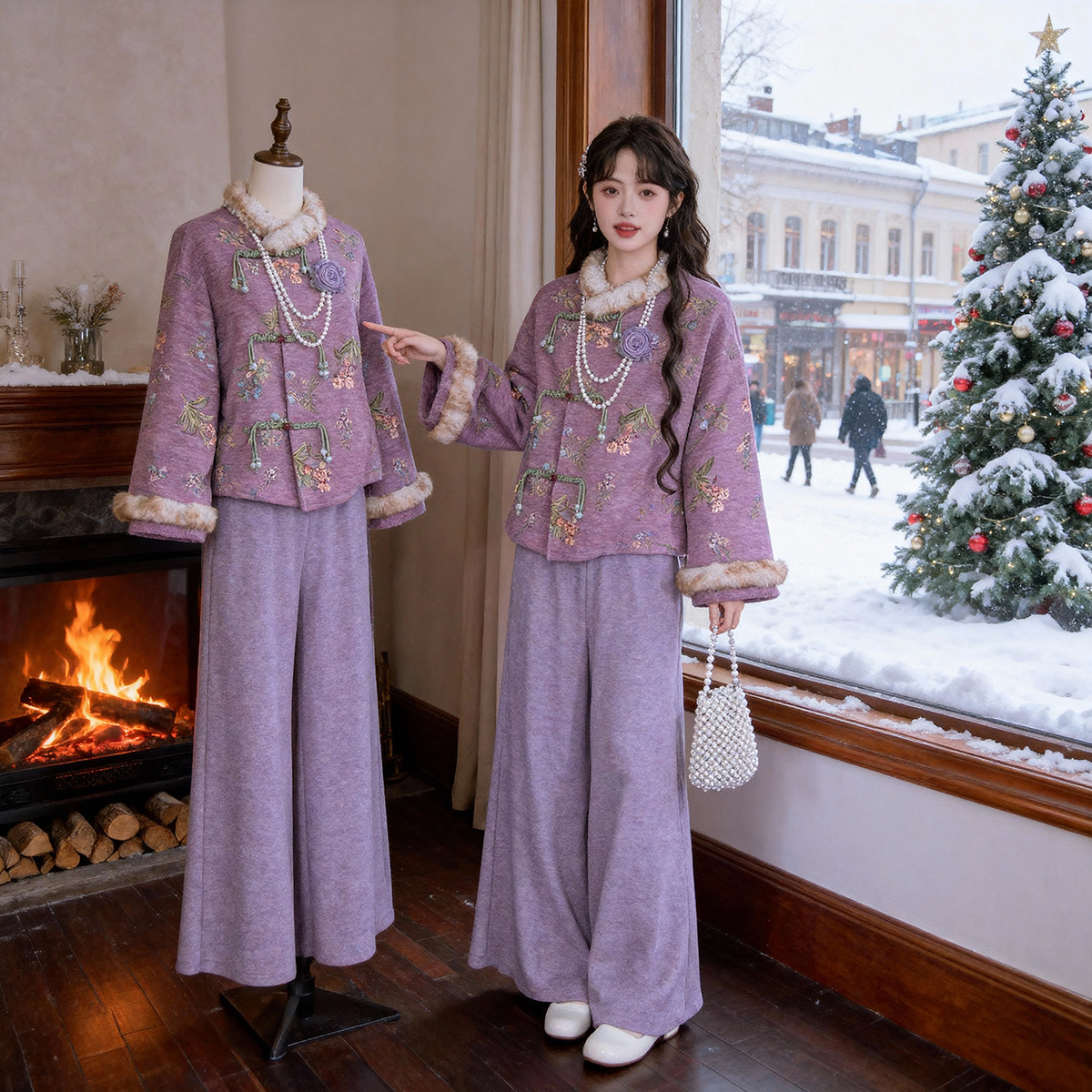 超好看紫旗袍优雅新中式保暖毛绒