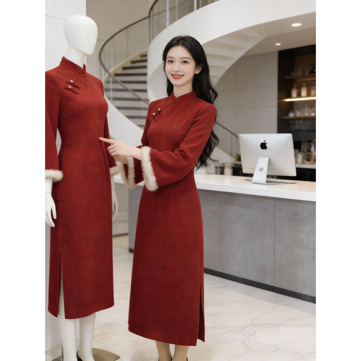 【红酥手】喜庆马甲搭毛毛袖红色旗袍裙新年2025红色马甲旗袍套装