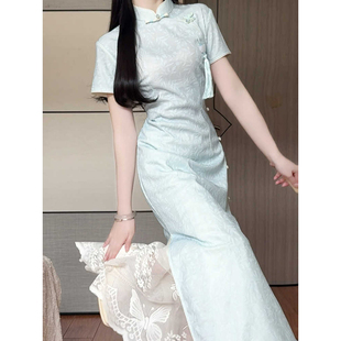 2025年夏季新款蓝色国风改良旗袍素雅少女短袖新中式日常连衣裙