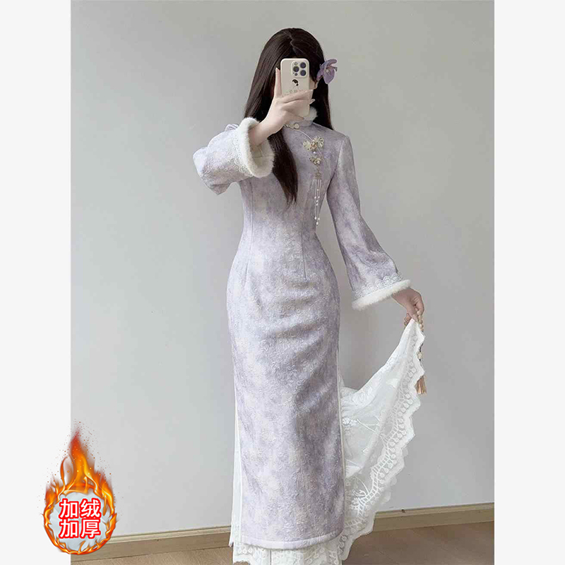 紫色旗袍加绒加厚秋冬季