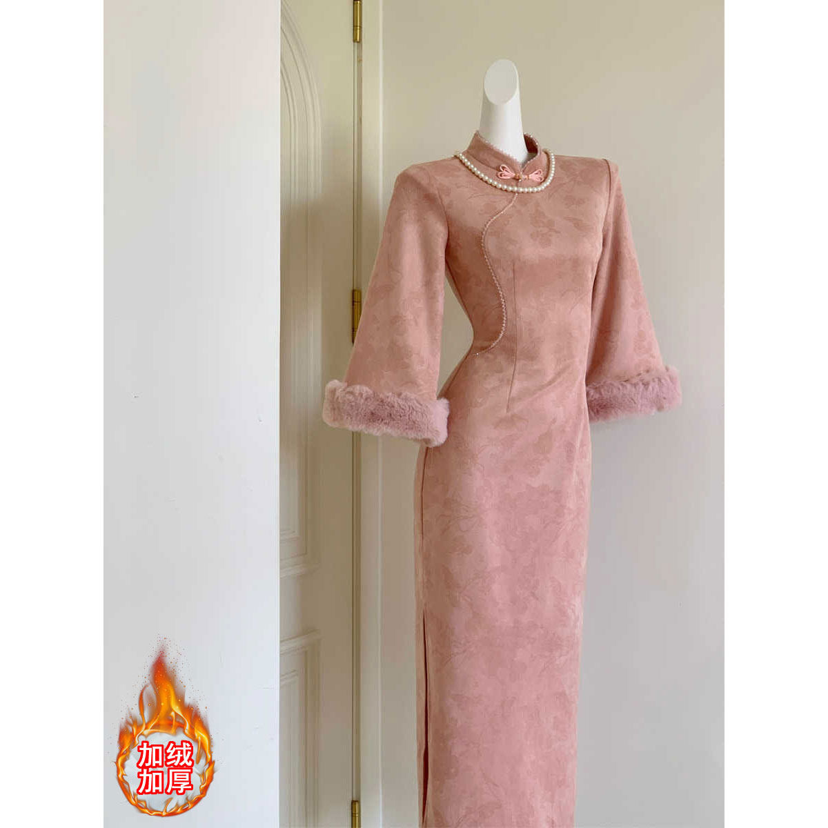 新中式粉色改良旗袍温柔气质修身