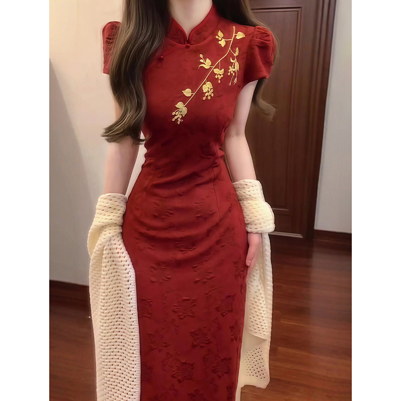 新中式国风复古红色提花连衣裙