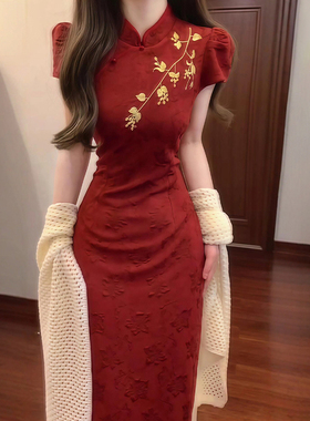 新中式国风复古红色提花假两件连衣裙漂亮独特绝美气质收腰包臀裙