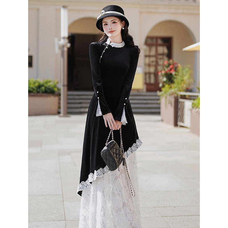 连衣裙蕾丝拼接丝绒长裙2024秋冬