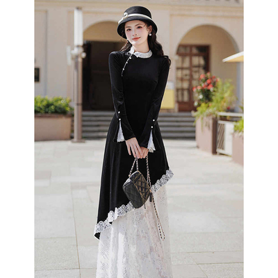 连衣裙蕾丝拼接丝绒长裙2024秋冬