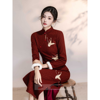 加绒加厚红色旗袍冬装新款秋冬季