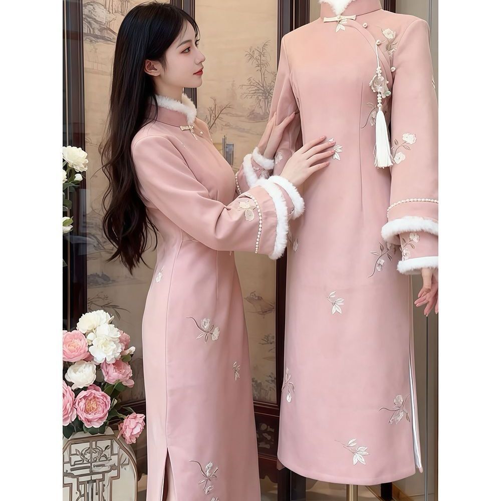 粉色旗袍冬季加绒加厚2025年新款