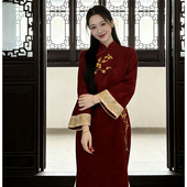 刺绣订婚礼服国风改良连衣裙金梅报喜倒大袖 新中式 红色旗袍女冬装