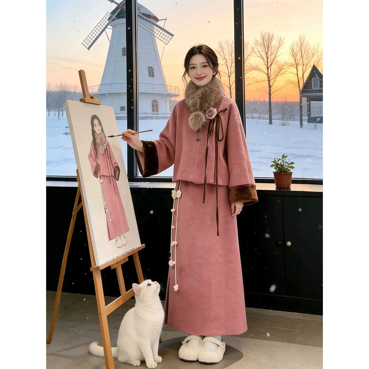 冬装搭配一整套新中式复古毛呢外套半身裙超火新年战袍两件套装女,女装/女士精品,时尚套装,淘宝优惠券,粉丝福利购,淘宝优惠卷