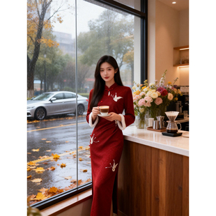 加绒加厚红色旗袍冬装新款秋冬季长袖新中式订婚礼服裙敬酒服新娘