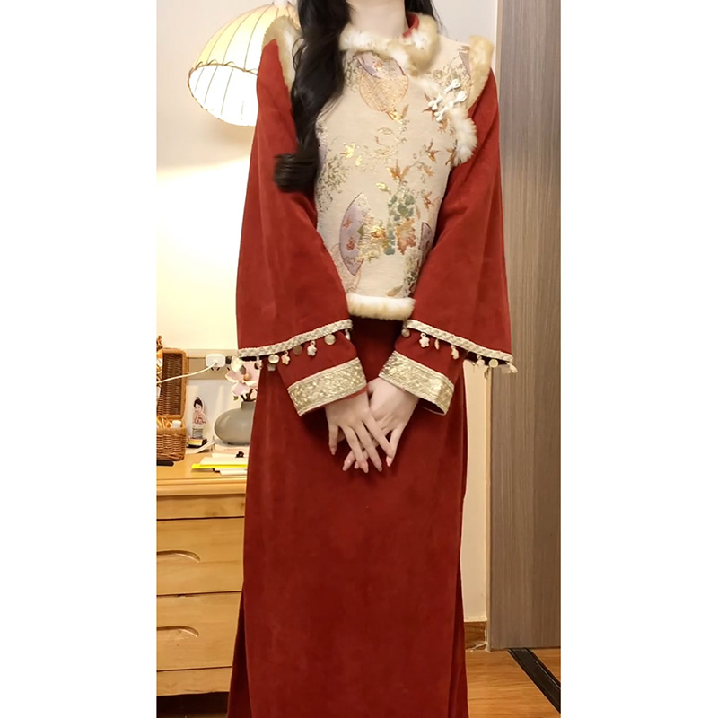 马甲旗袍裙两件套红色过年连衣裙
