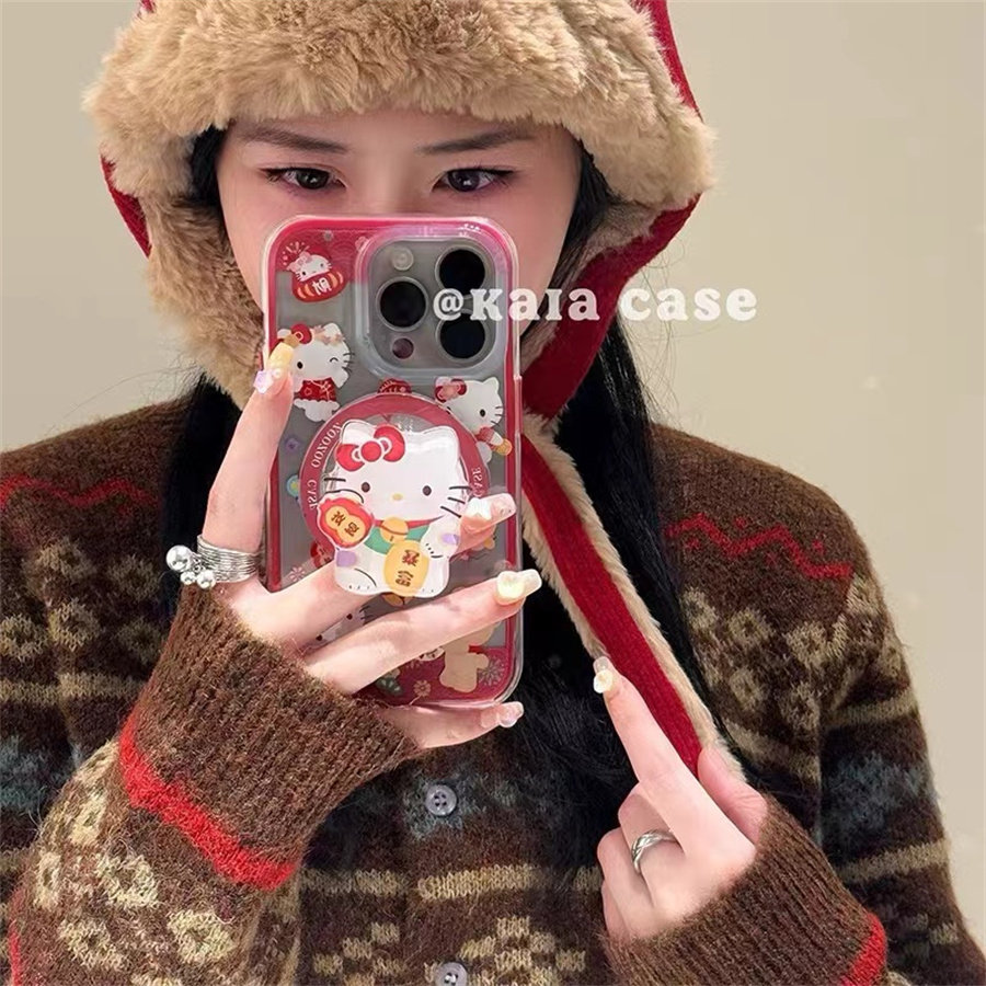 喜庆招财KT猫磁吸支架适用OPPOreno9手机壳10pro软a58/a93/6女72k12x防摔findx7pro/x6/A2pro个性k9创意A1a55