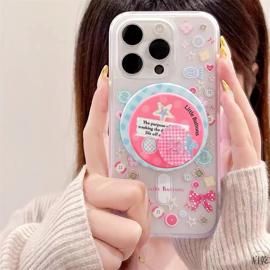 彩色纽扣爱心磁吸支架适用苹果16手机壳iPhone15全包14promax12软壳8p女xr/mini可爱xs max创意11/8plus防摔