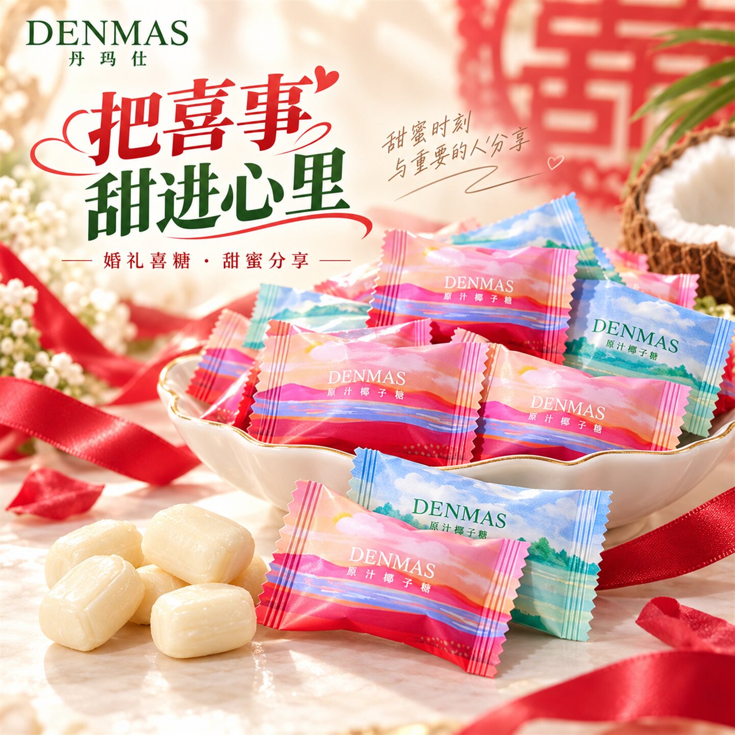 DENMAS丹玛仕椰子糖结婚伴手礼专用喜糖夹心牛奶糖网红高颜值糖果图片