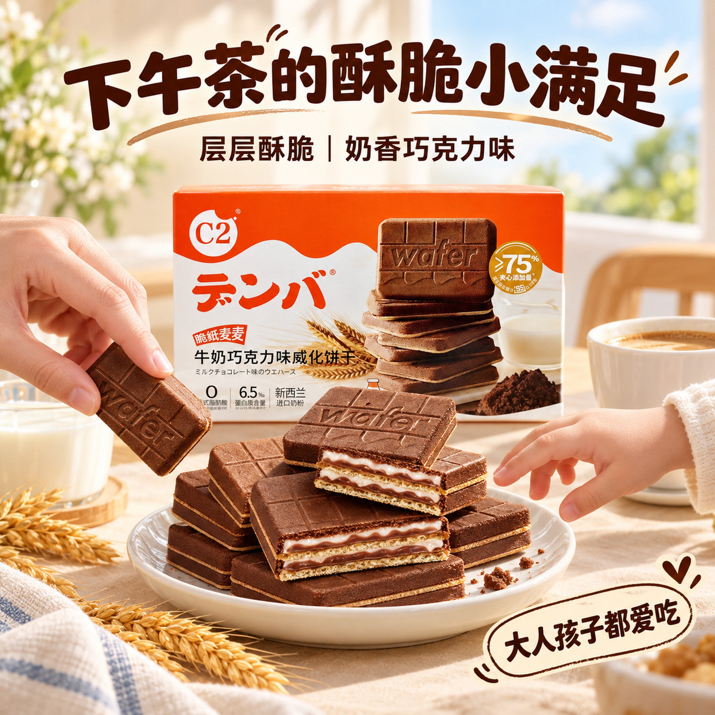 c2巧克力牛奶威化饼干夹心零食小吃单独包装脆纸麦麦儿童休闲食品
