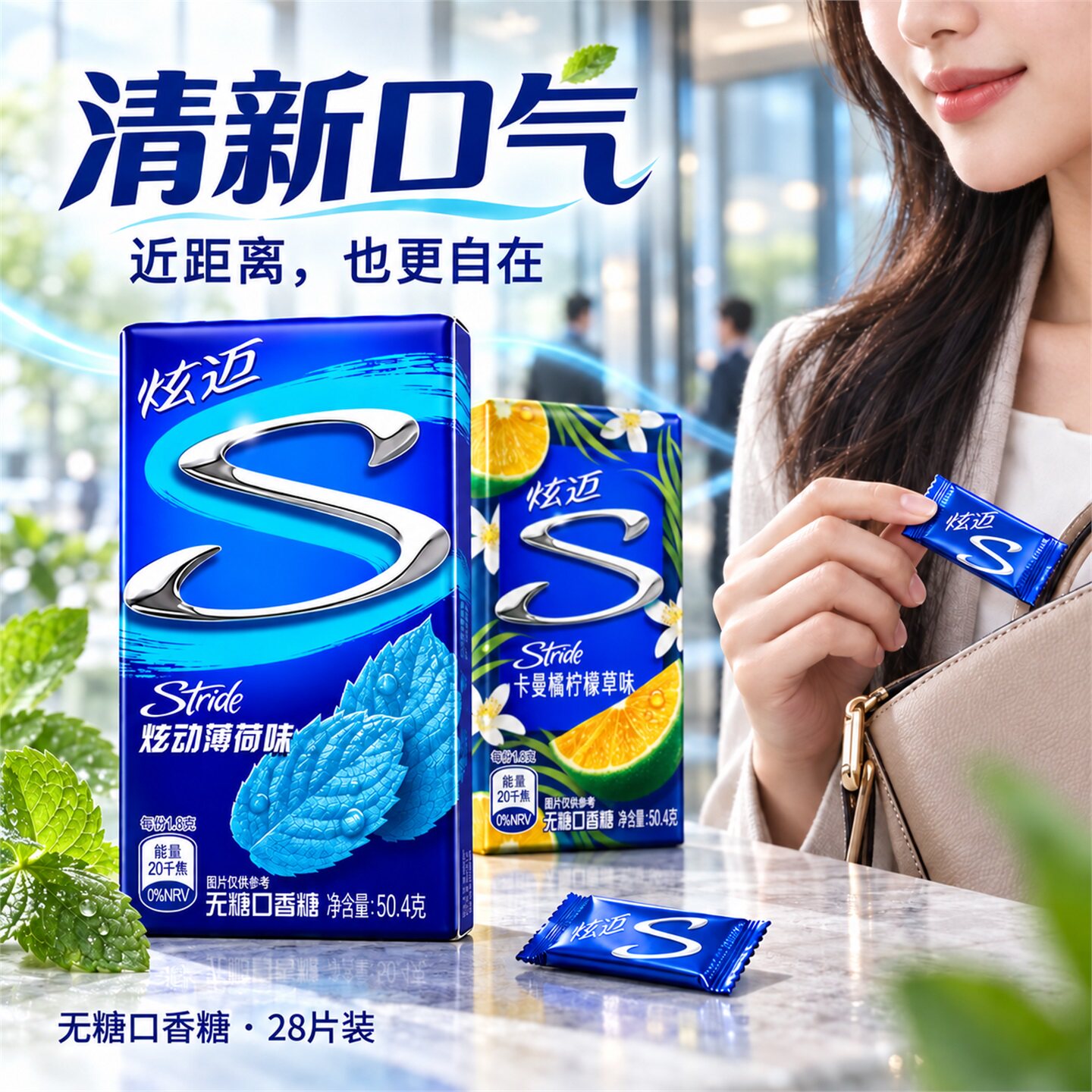 炫迈口香糖无糖冰爆薄荷味去口臭持久留香多种口味独立小包装28片