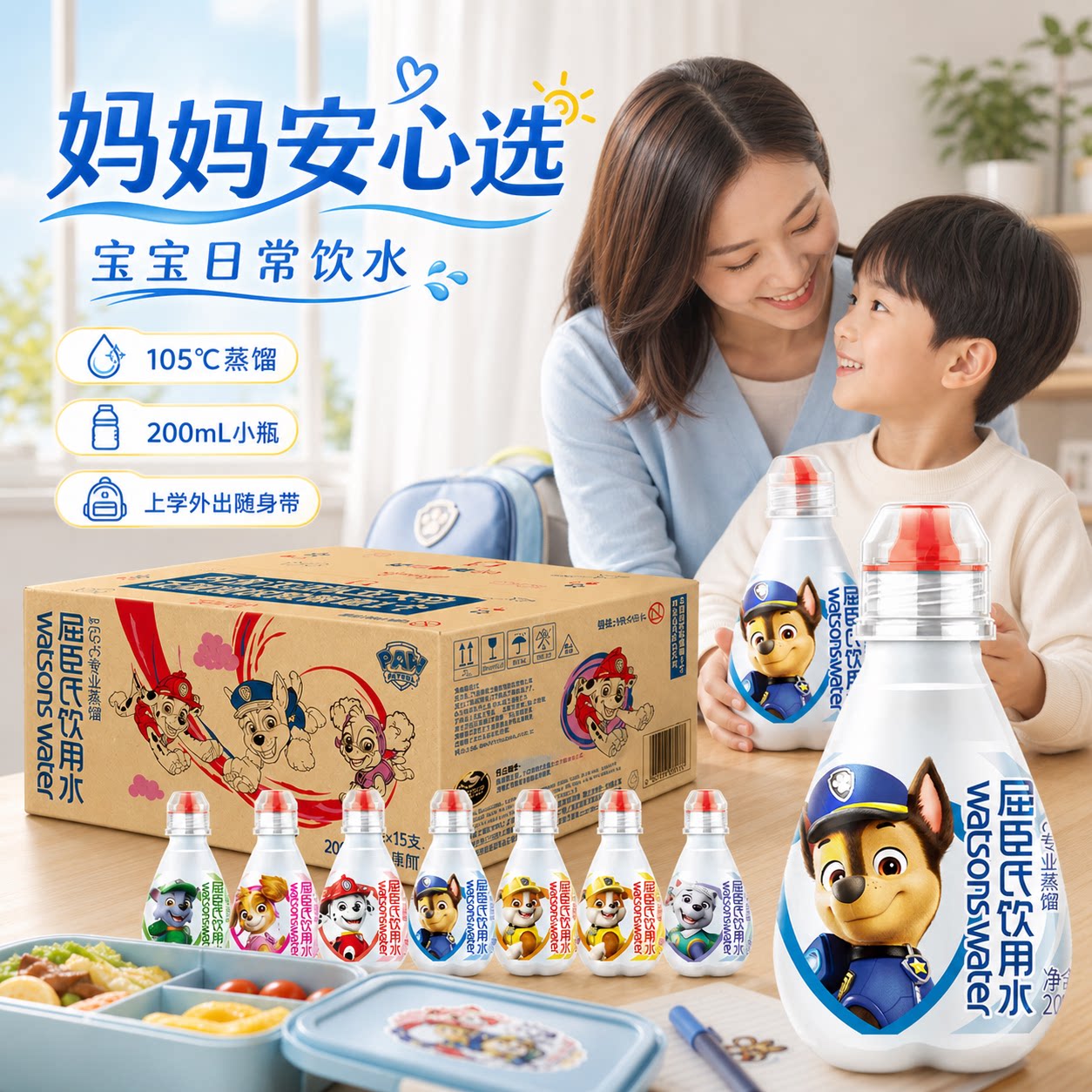 屈臣氏儿童饮用水高温蒸馏水汪汪队联名200ml*12瓶可携式饮用水整
