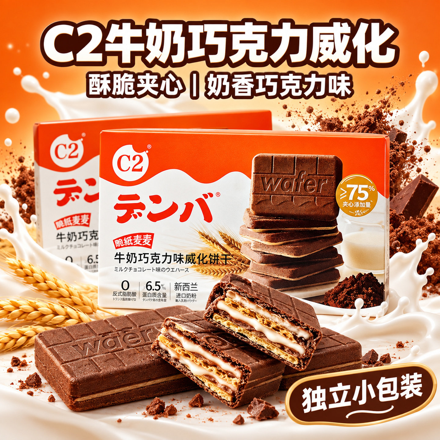 c2巧克力牛奶威化饼干夹心零食小吃单独包装脆纸麦麦儿童休闲食品