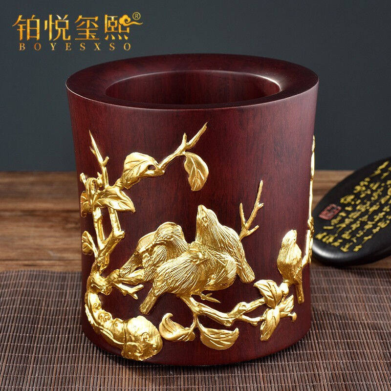 铂悦玺熙黑檀木雕笔筒摆件送老老板老师退休生日高档礼物贴金五牛